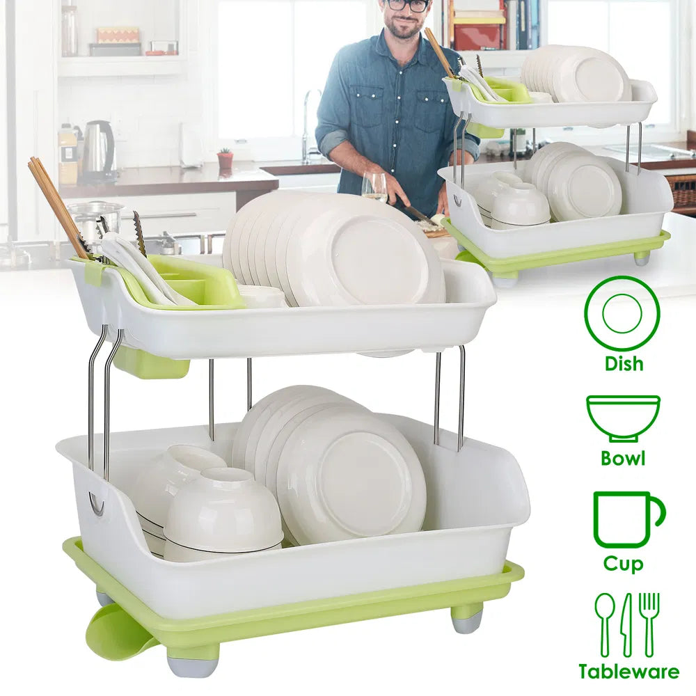 2-Tier Dish Drying Rack with Cutlery Holder - Green & White