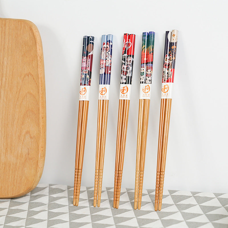 Lucky Cat Chopsticks Set - 5 Pairs Japanese Style Bamboo Dinnerware