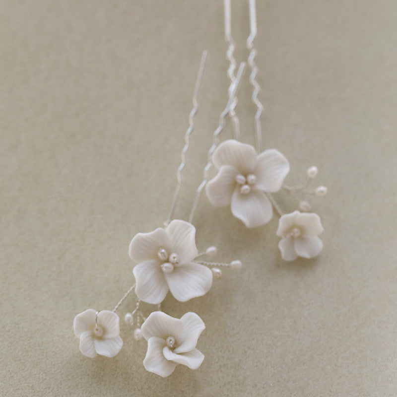 White Pottery Flower Hair Fork - Freshwater Pearl Hairpin