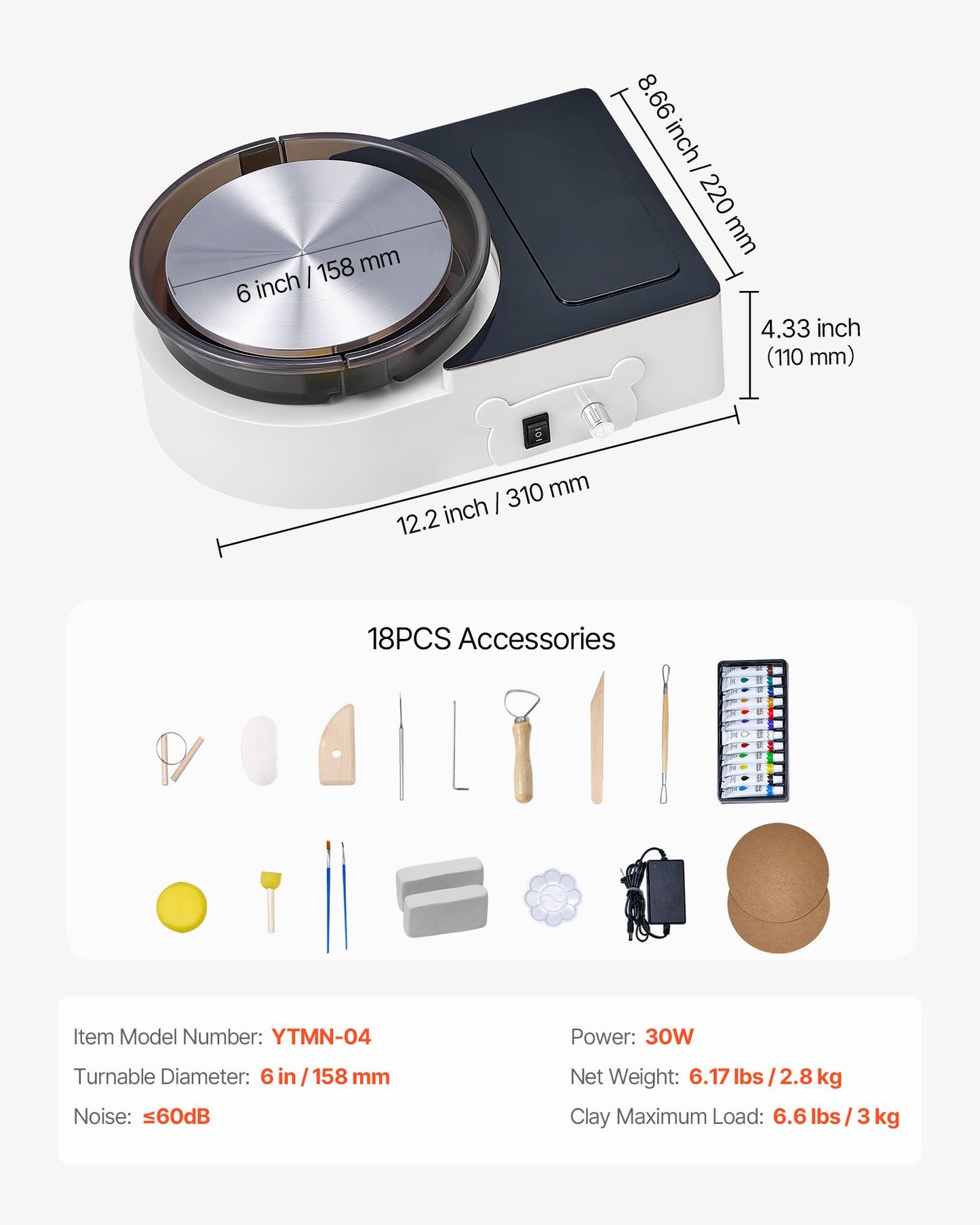 Mini Pottery Wheel with 6-Inch Turntable & Adjustable Speed for Kids & Adults
