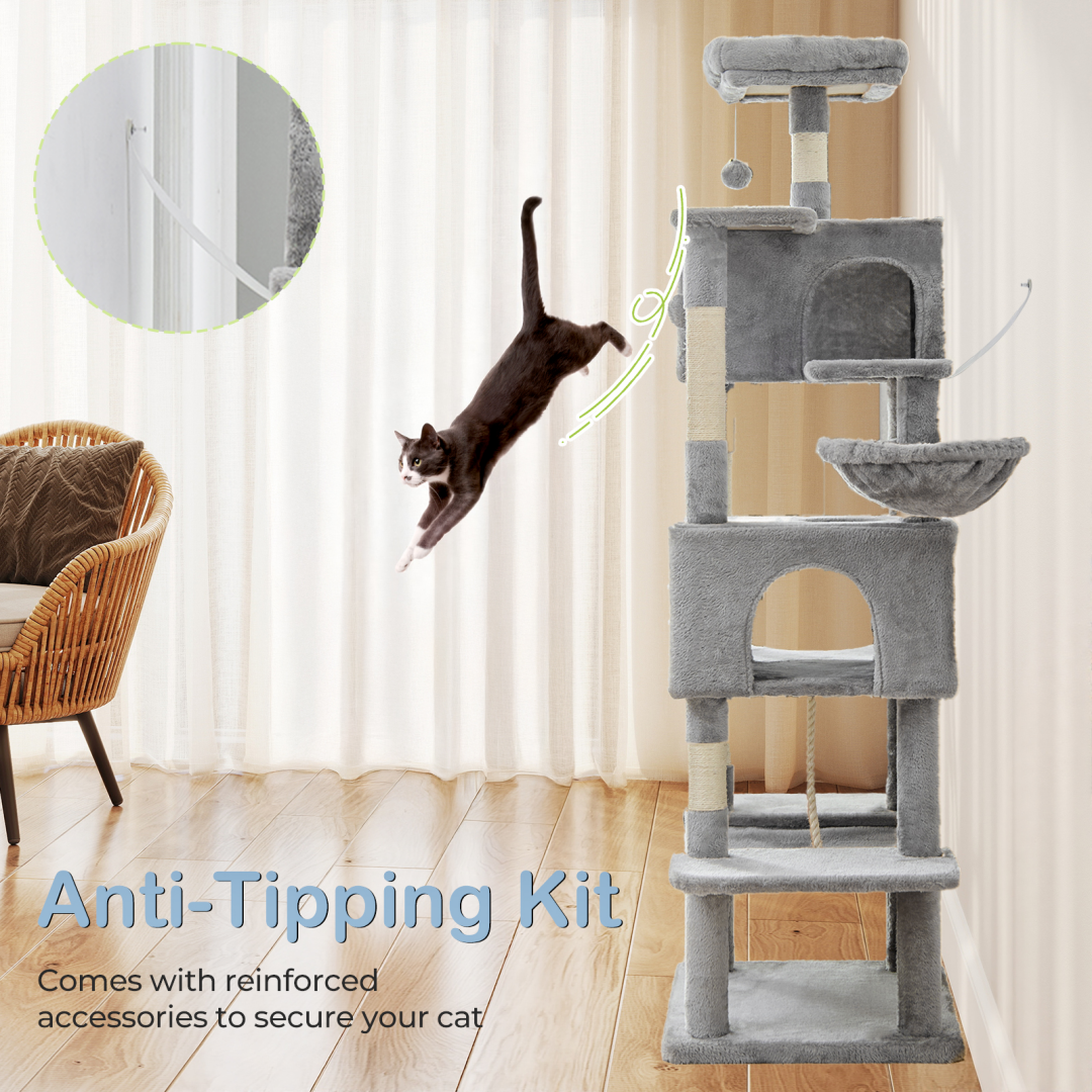 Large 66 Inch Multi-Level Cat Tree Tower with Condos & Hammock - Indoor Pet Furniture