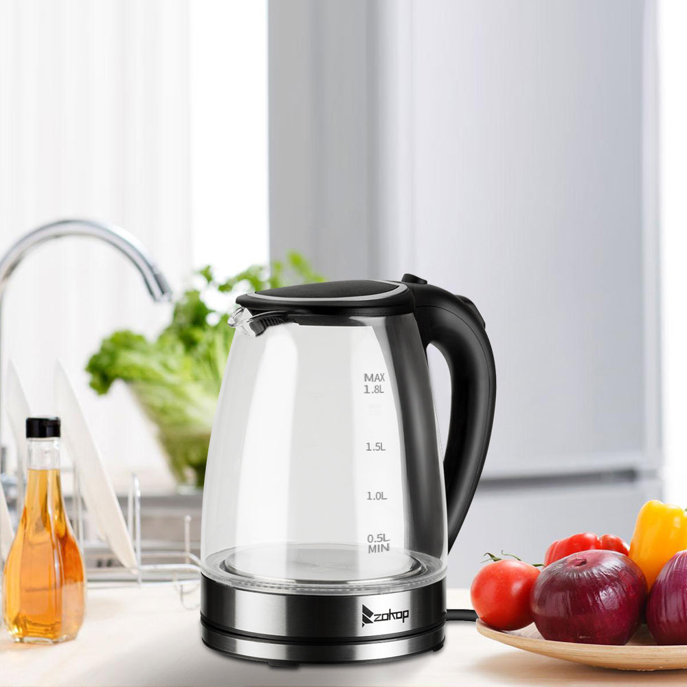 1.8L Electric Glass Kettle with Blue LED, Auto Shut-Off, 1500W