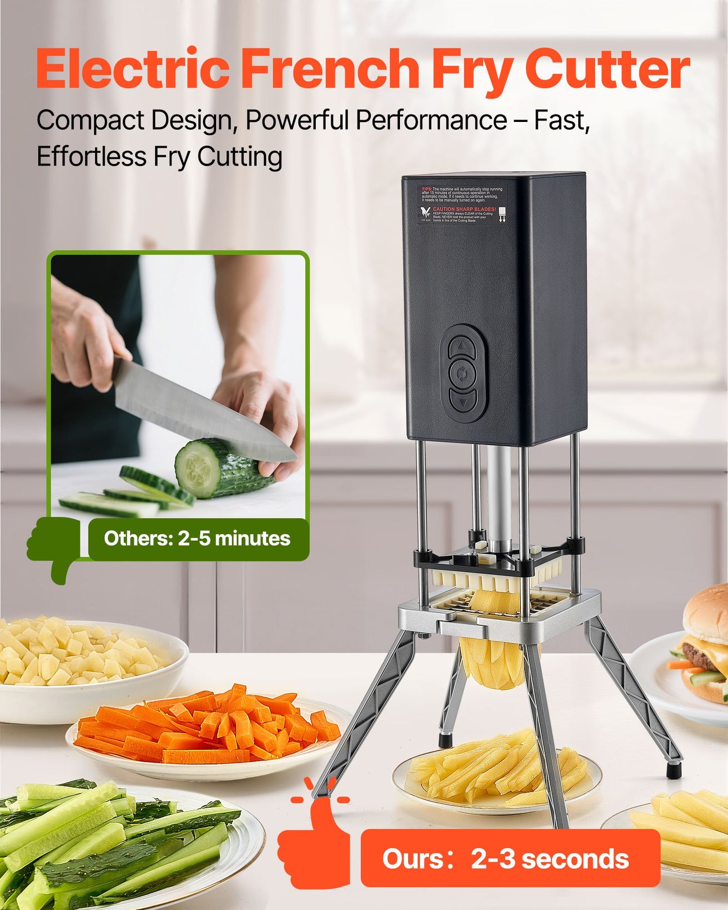 Electric French Fry Cutter Stainless Steel Vegetable Chopper with 2 Blades