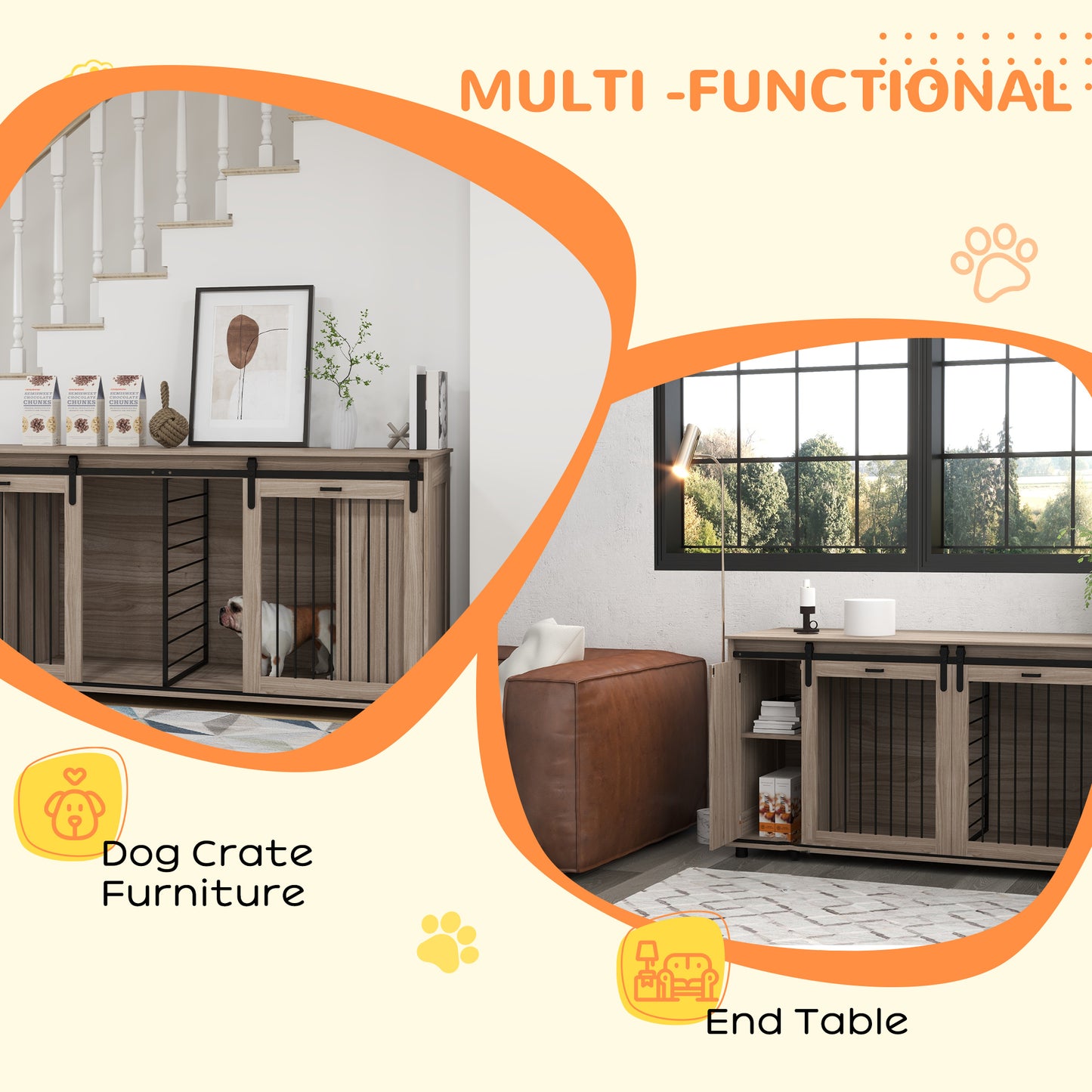 71-Inch Modern Dog Kennel with Storage & Removable Divider - Walnut