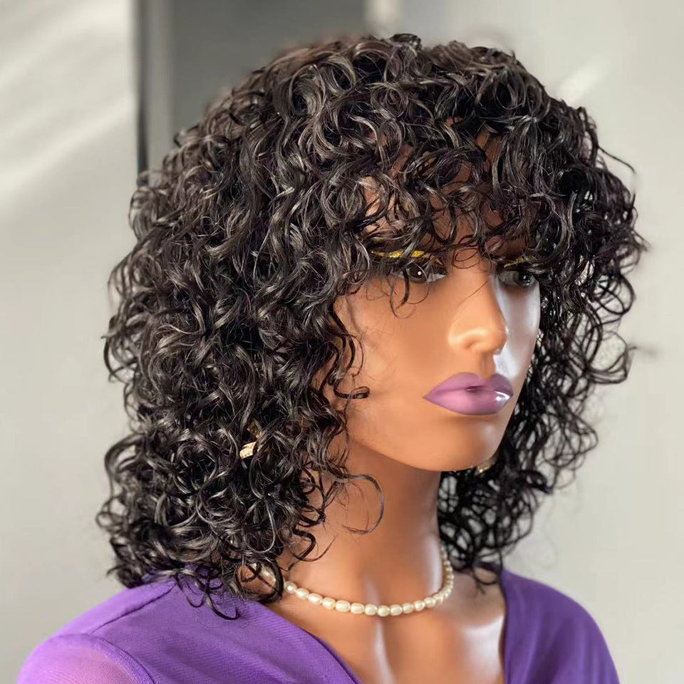 Water Wave Fringe Human Hair Wig with Bangs - Natural Black
