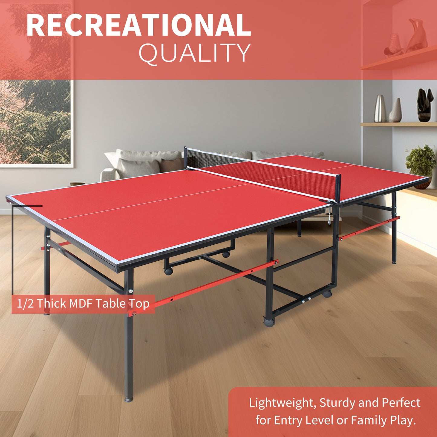8ft Red Mid-Size Ping Pong Table Set - Includes Net & Paddles