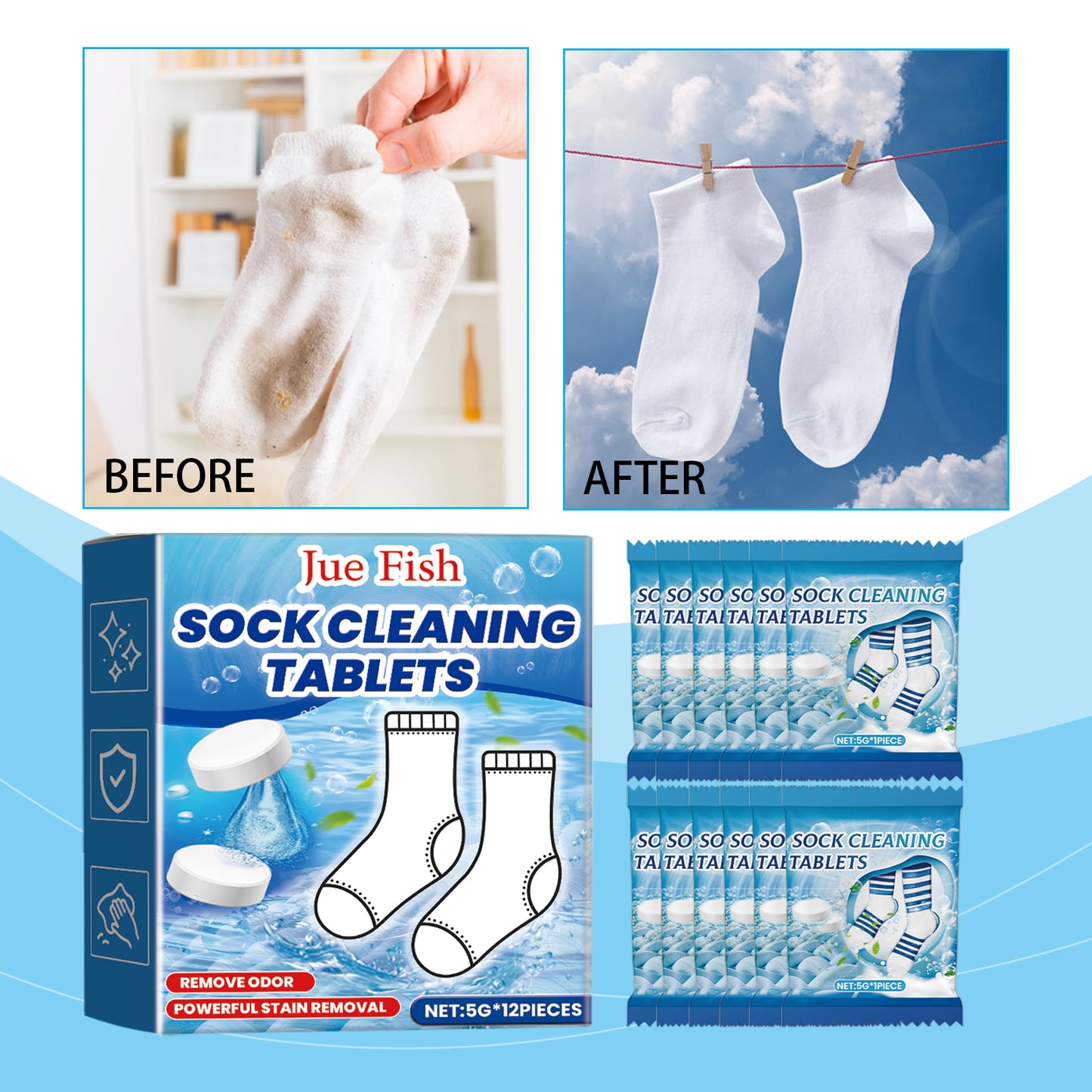 Effervescent Sock Cleaning Tablets 60 Pack - Laundry & Household Use