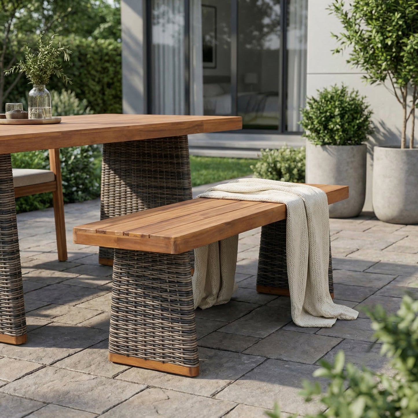 Outdoor Acacia Wood Bench with Grey Wicker & Teak Finish