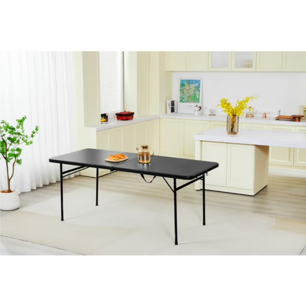 6 Foot Folding Table - Bi-Fold Plastic, Black - Seats 8