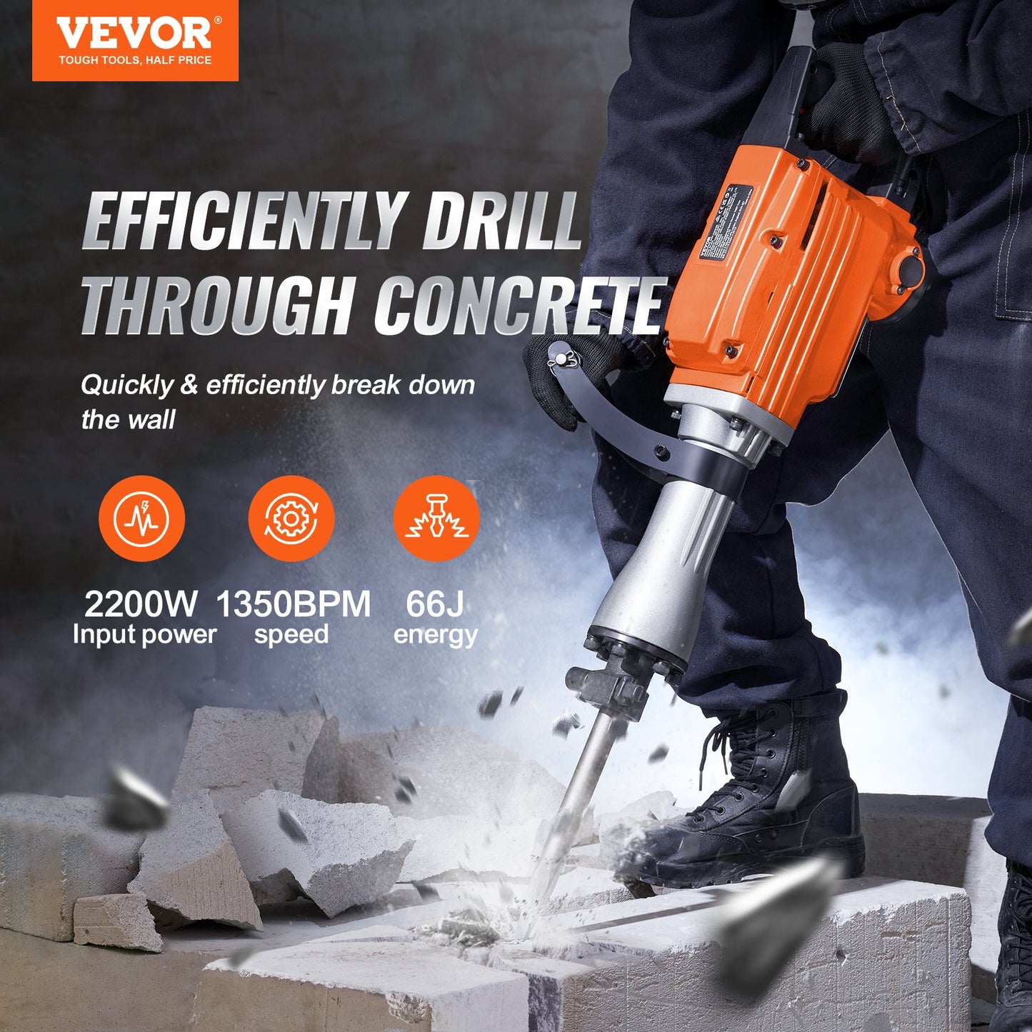 Electric Demolition Jack Hammer 2200W with 2 Chisels - Orange