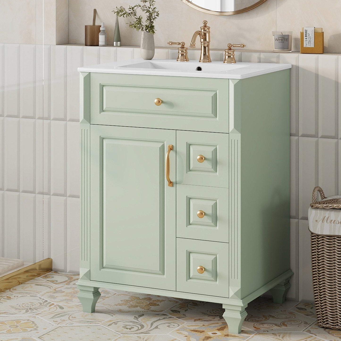 24-Inch Green Bathroom Vanity with Sink & Storage Cabinet