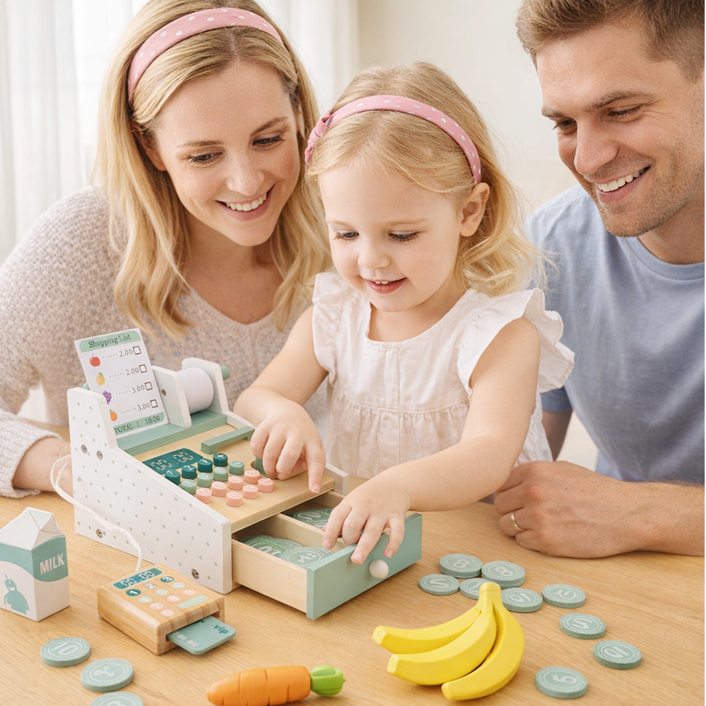 Wooden Cash Register Toy With Scanner Play Money Shopping Cards