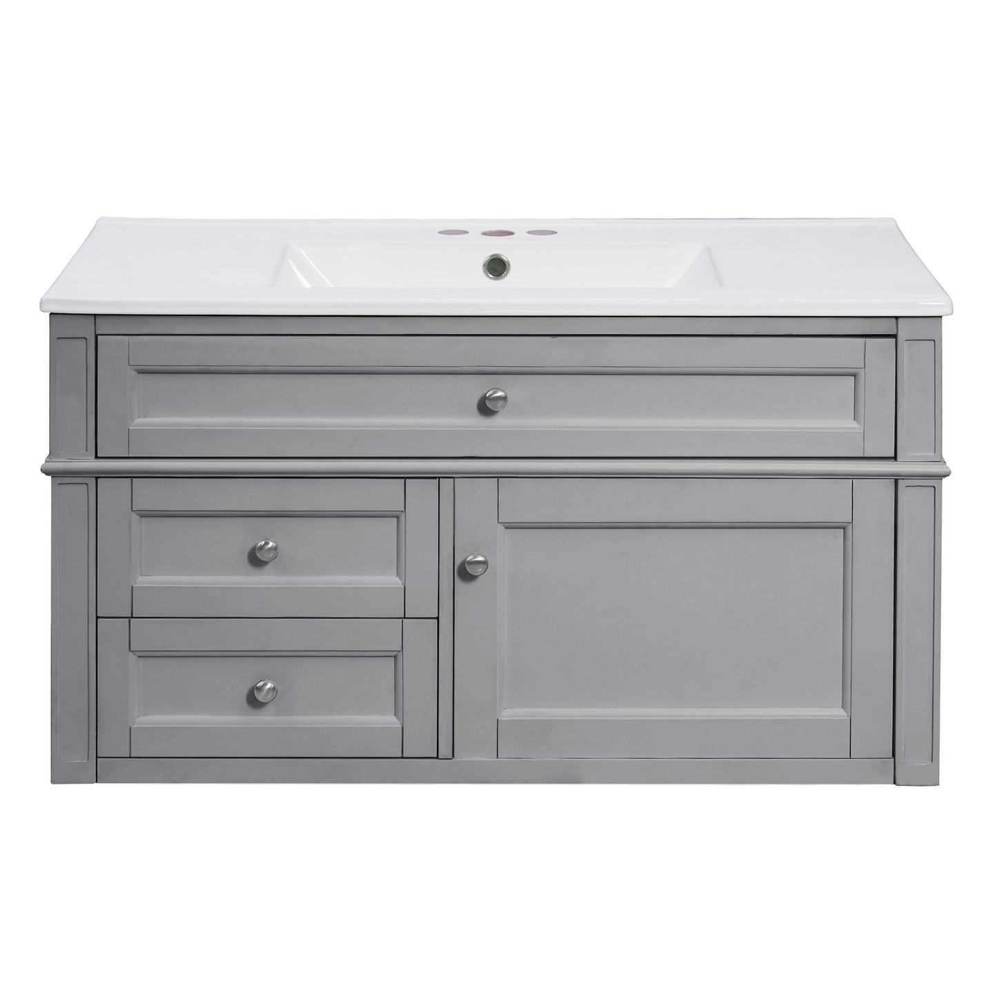 36-Inch Wall-Mounted Bathroom Vanity with Ceramic Sink & Drawers - Gray