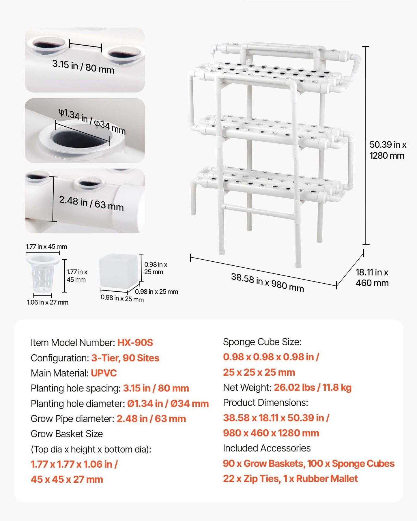 Hydroponic Growing System Kit with 3-Tier 90 Sites & Timed Irrigation - Indoor Garden for Vegetables & Herbs - Black