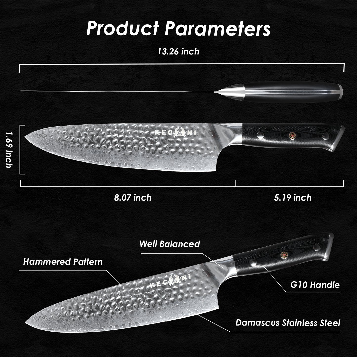 Damascus Steel Chef Knife - 8 Inch VG10 Blade with G10 Handle