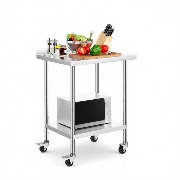 Sleek Metal Work Table With Easy To Clean And Adjustable Shelves For