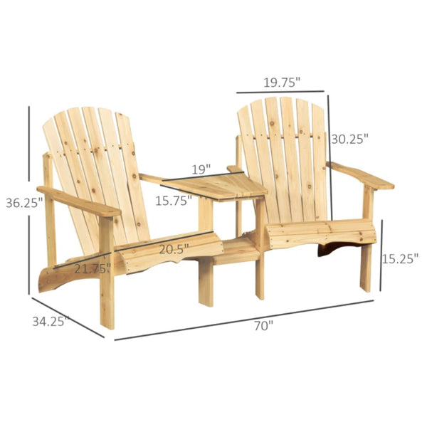 Double Adirondack Chair Set with Table - Natural Fir Wood
