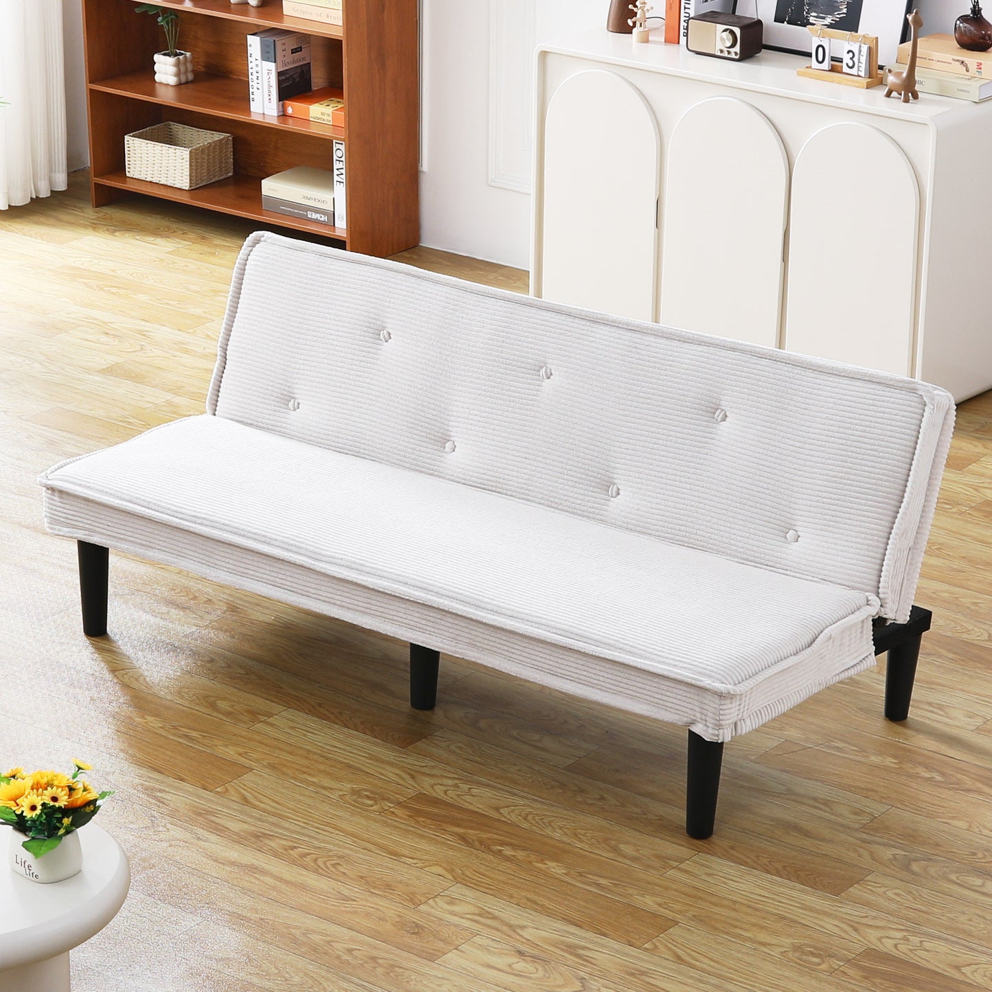 66-Inch Beige Corduroy Sofa Bed - Versatile for Living Room & Bedroom