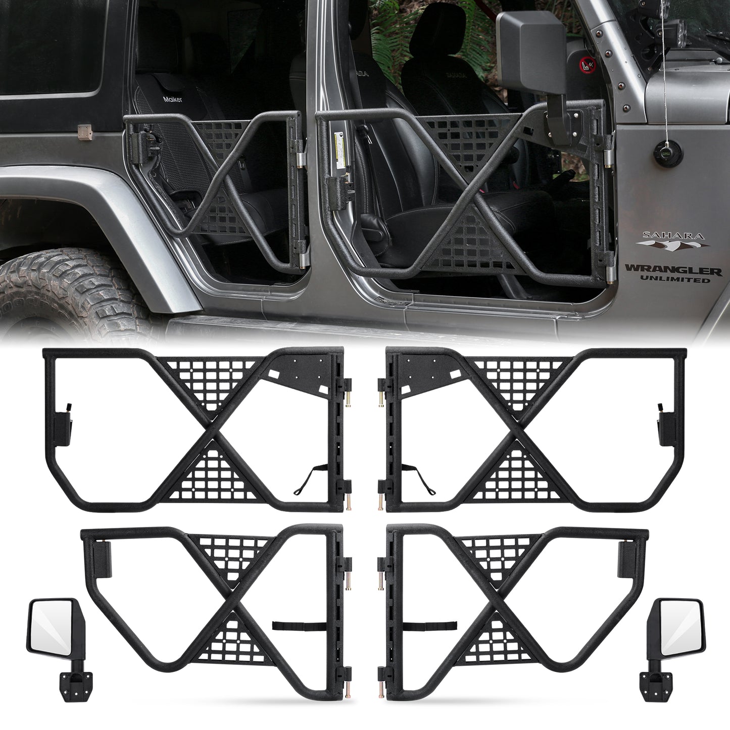 Tube Doors with Rearview Mirror for 2007-2017 Jeep Wrangler JK JKU - Black