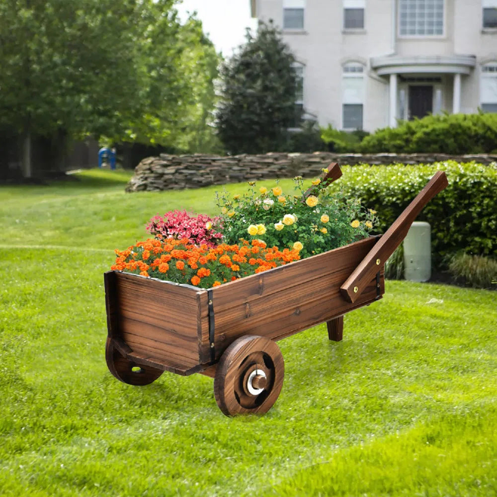 Wooden Wagon Planter Box with Wheels and Drainage Hole - Rustic Brown Garden Decor