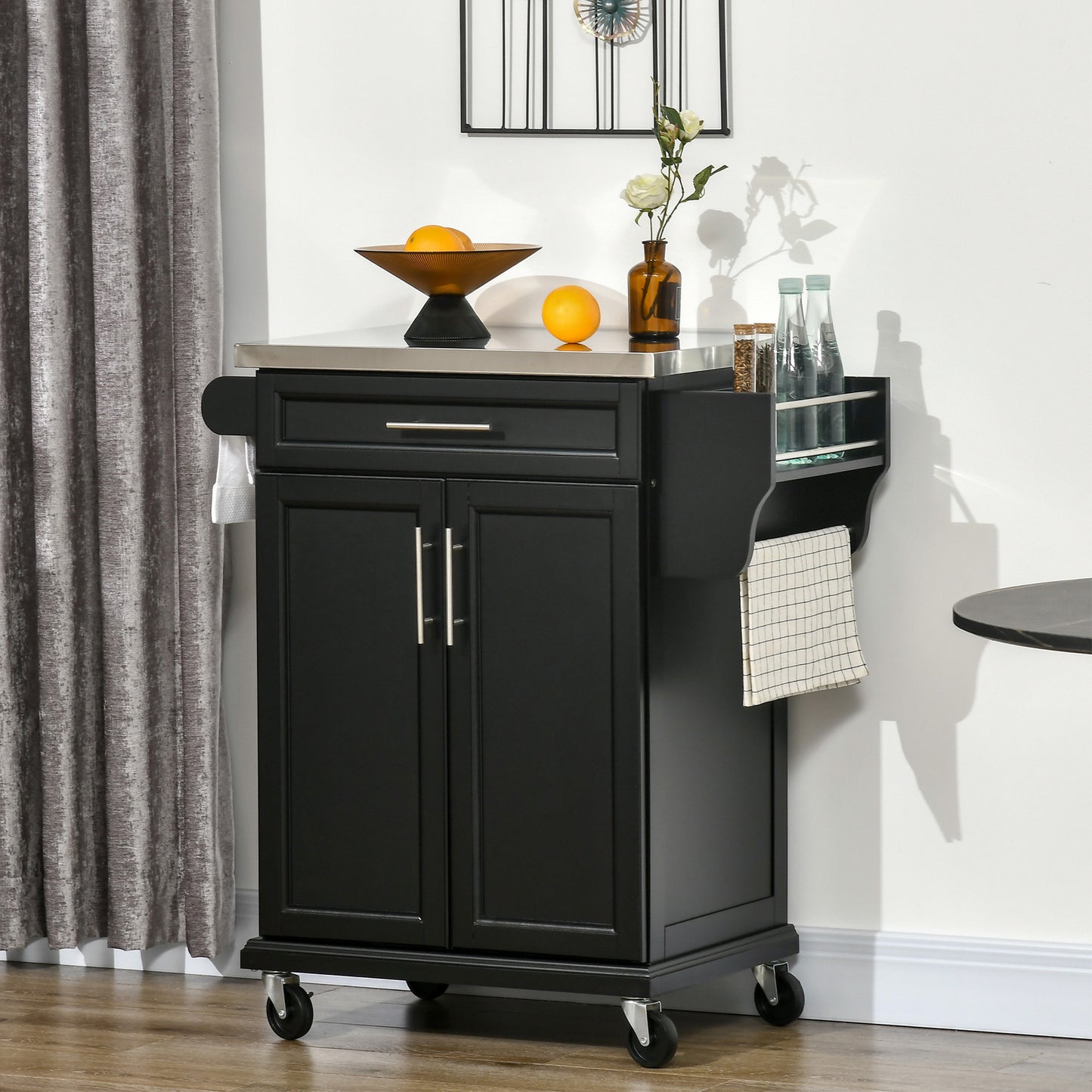 Rolling Kitchen Island Cart with Stainless Steel Top & Storage - Black