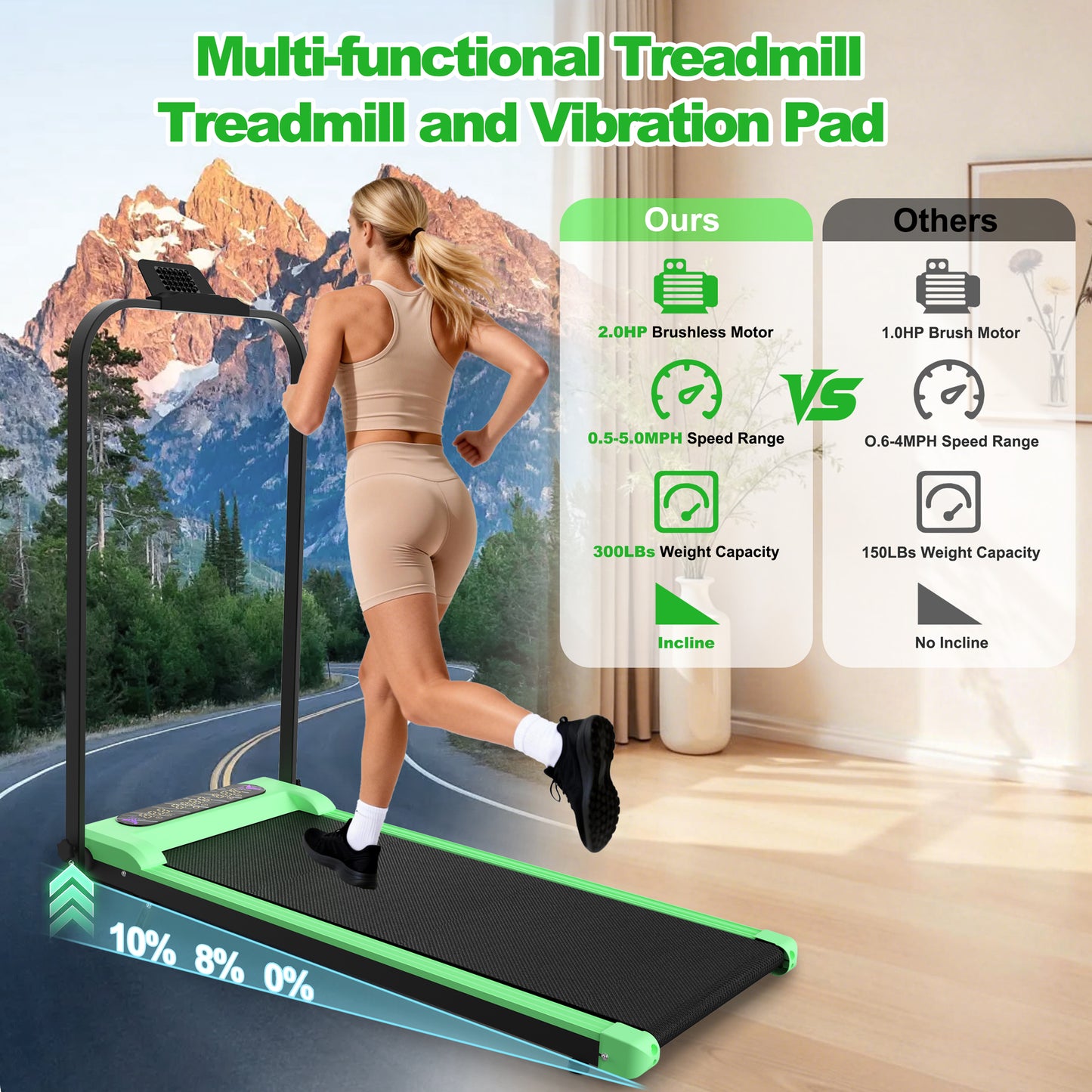 Portable Foldable Treadmill with Incline & Remote Control - Green
