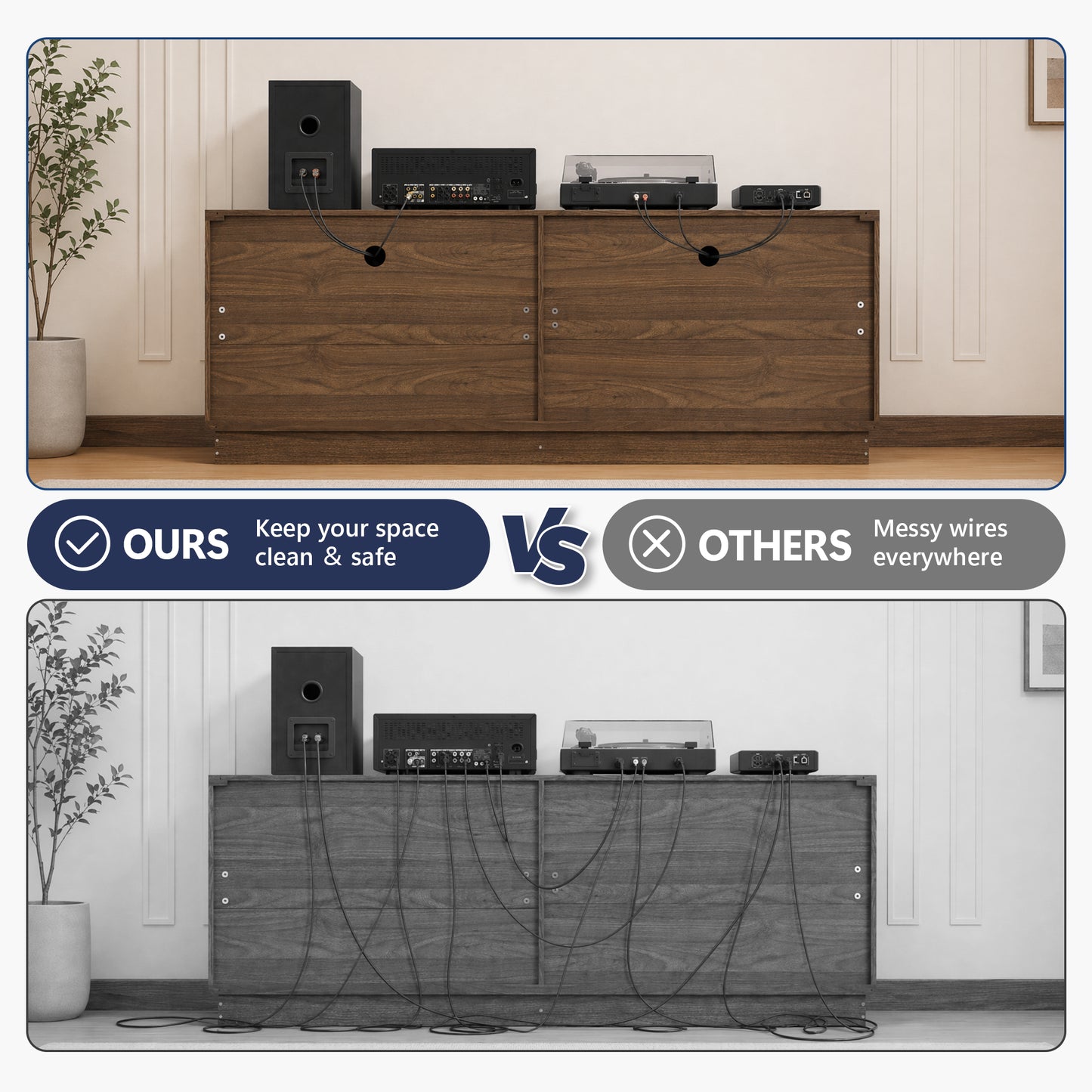 63 Inch Walnut TV Stand with 4 Storage Doors - Modern Media Console