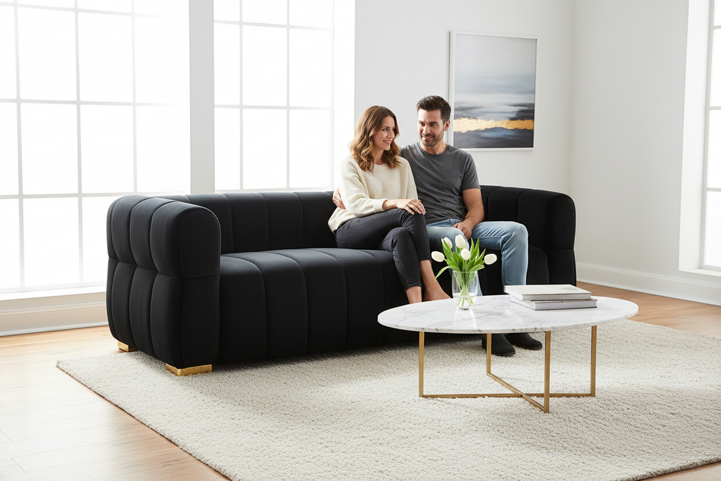 Velvet Sofa With Tufted Low Back Design, Sophisticated 3 Seater Couch