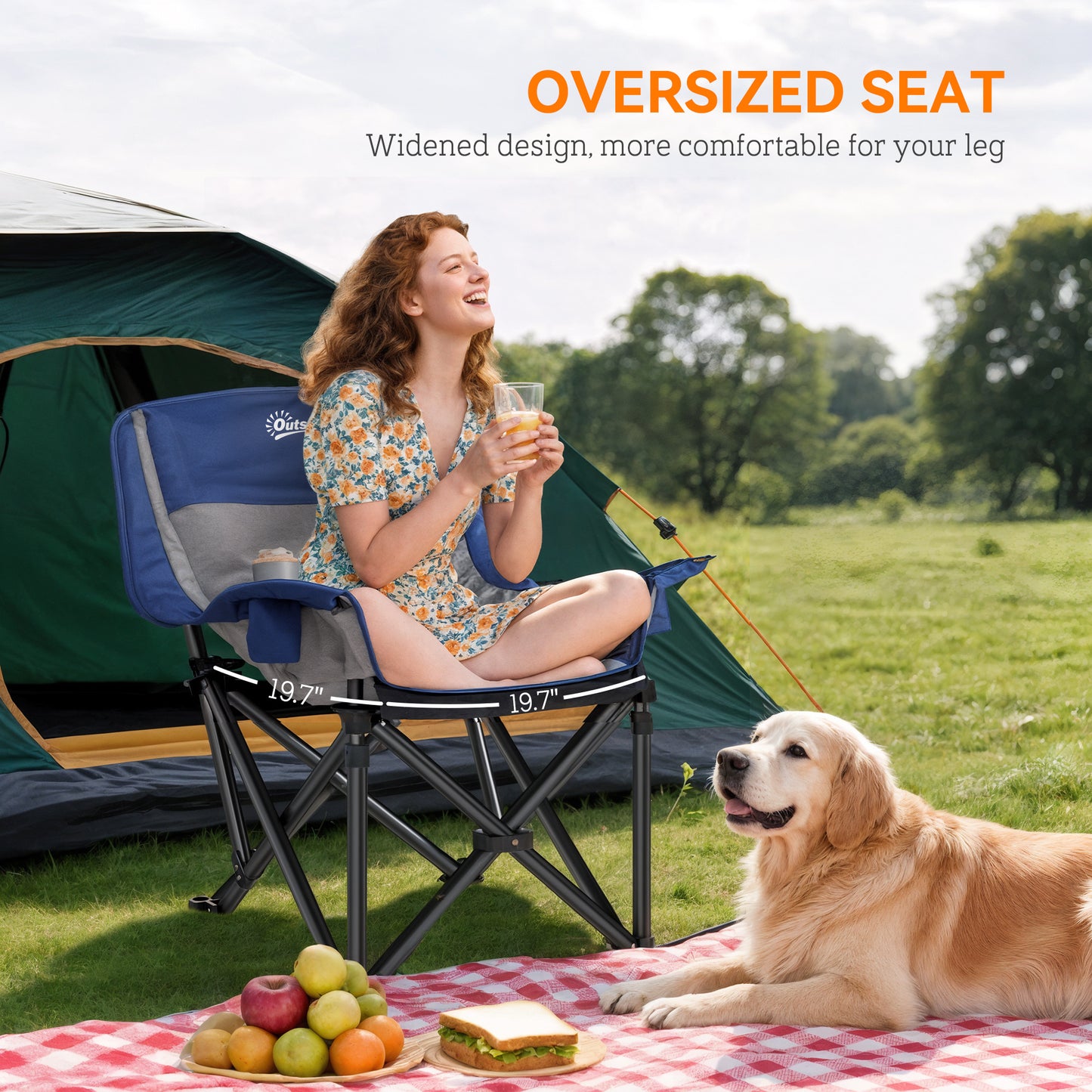 Portable Camping Chair with Cup Holders & Side Pockets - Blue/Gray