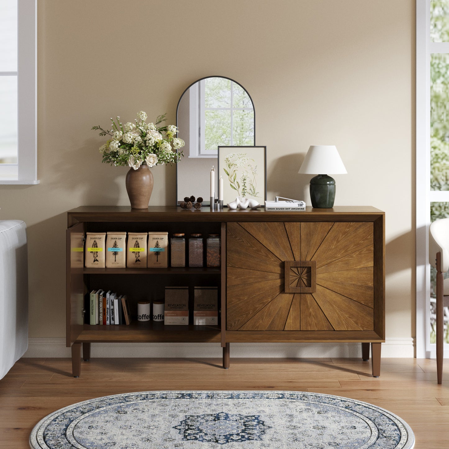 60" Premium Rustic Farmhouse Credenza with Adjustable Shelves - Antique Brown