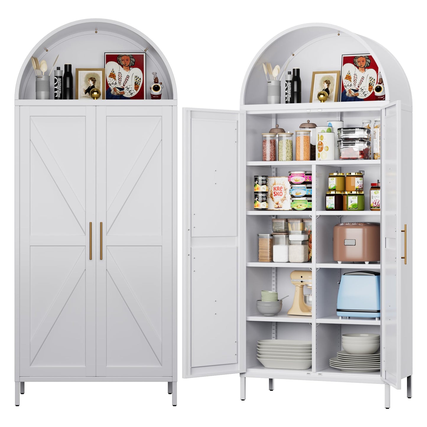 Arched Metal Pantry Storage Cabinet with 6 Adjustable Shelves - White