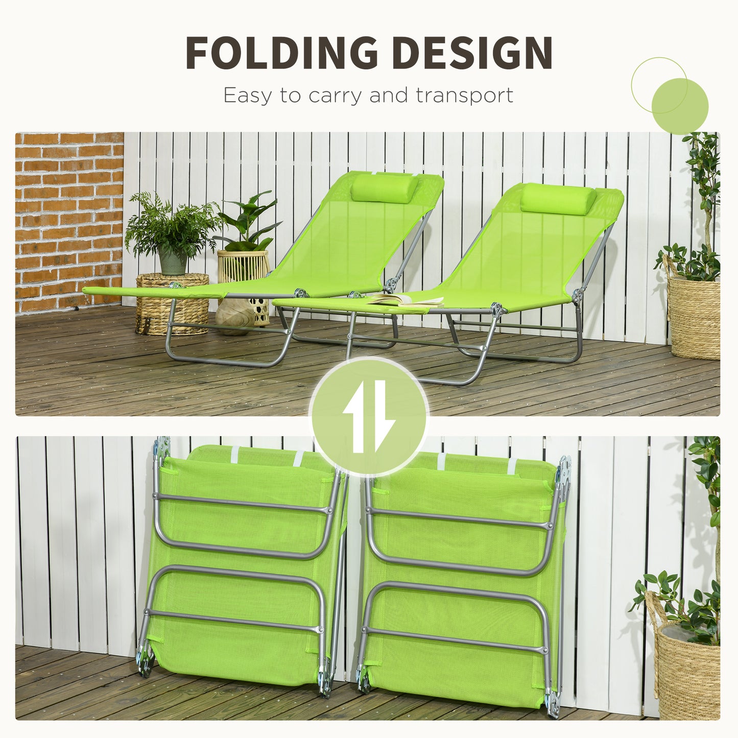 2 Piece Folding Chaise Lounge Chairs Set - Green, Reclining Back