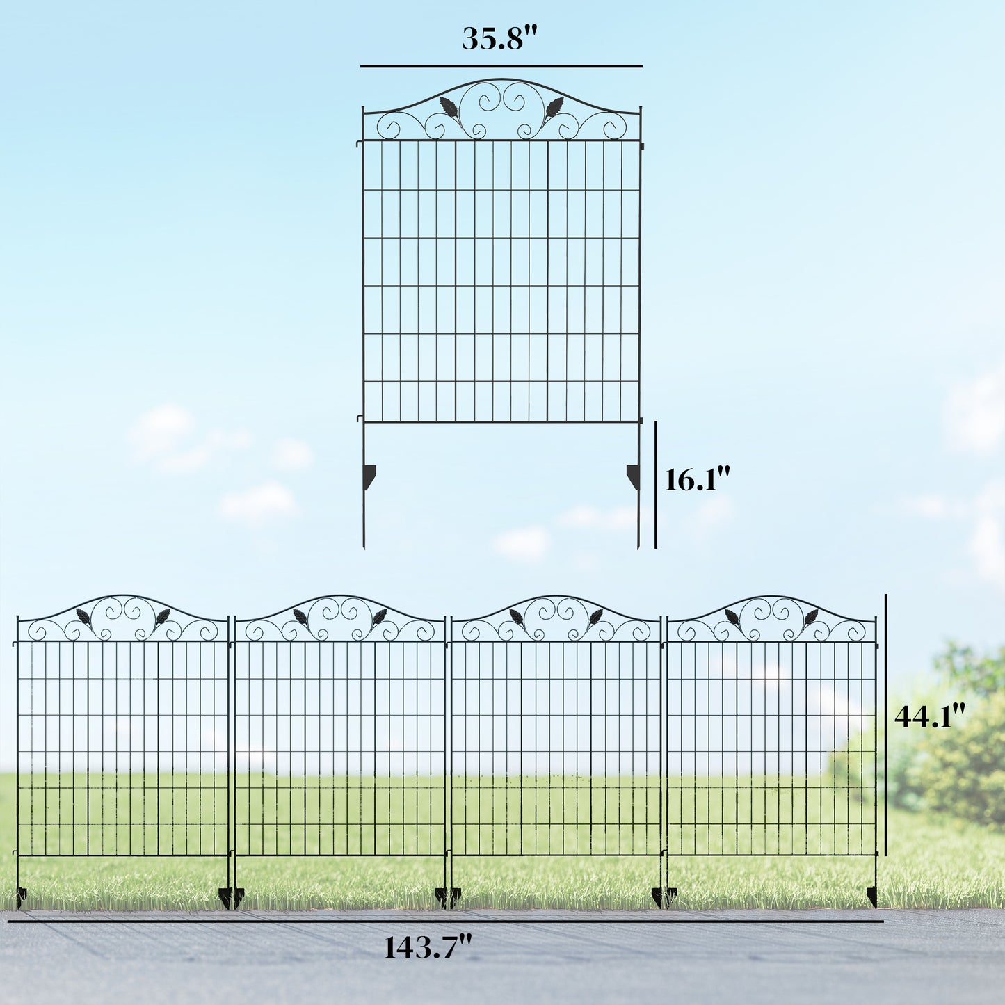 Folding Garden Fence Panels - 4 Pack, 44"H x 12 ft, Black