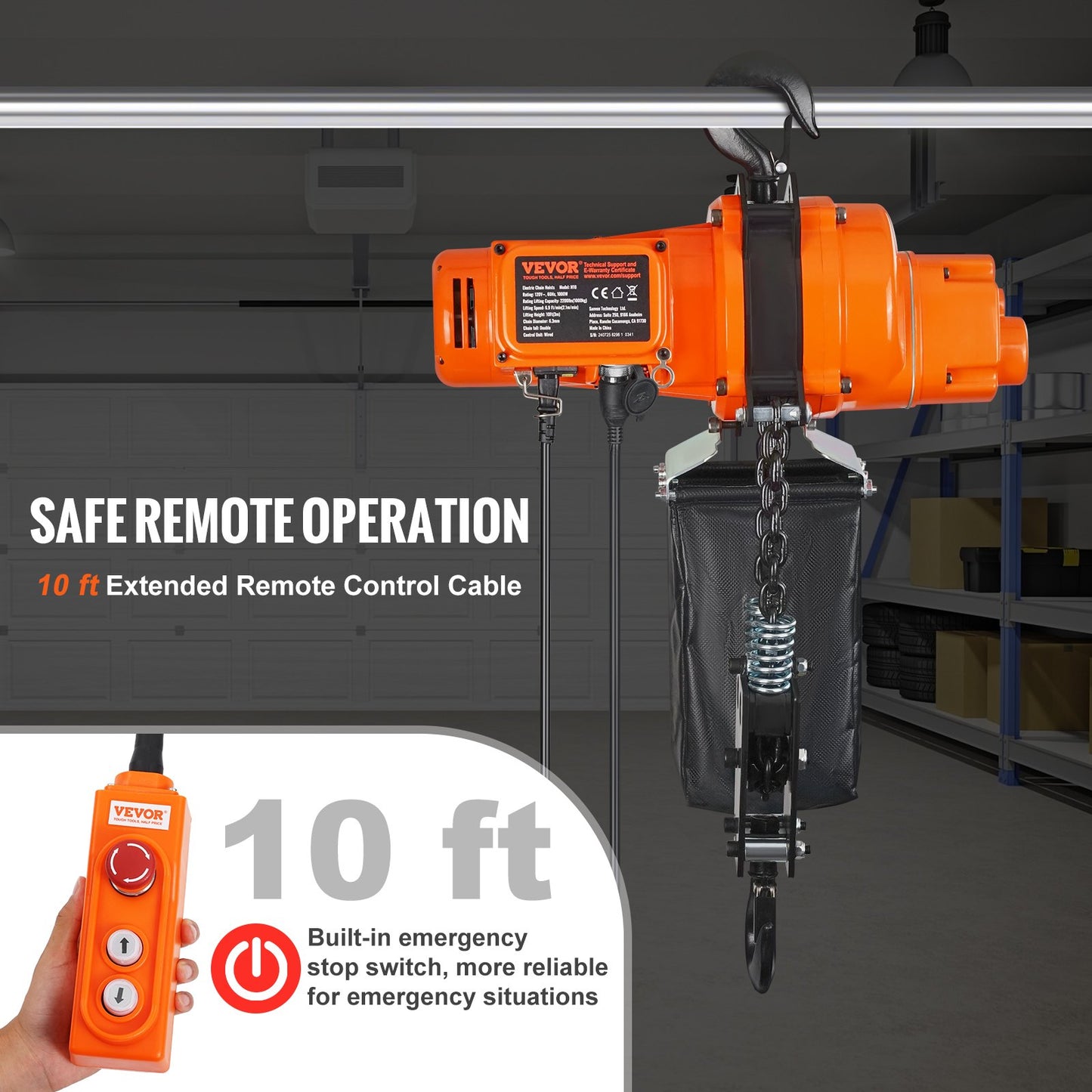 Electric Chain Hoist 2200 Lb Capacity, 10 Ft Lift, Single Phase, Orange