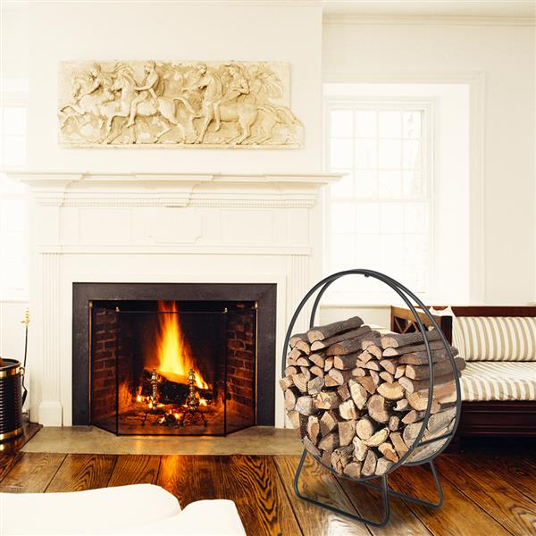 24 Inch Indoor Outdoor Wrought Iron Firewood Log Rack - Black Steel Stand