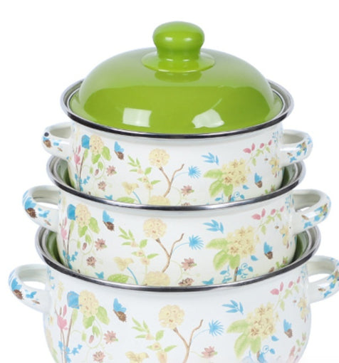 Double-Handled Enameled Noodle Bowl with Lid & Heat-Resistant Oil Can - Multi-Color Set