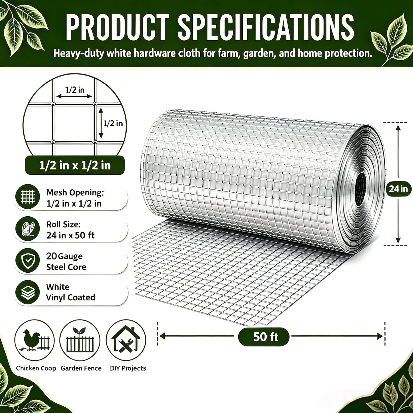 24in x 50ft Silver Metal Mesh - Welded Chicken Wire Roll
