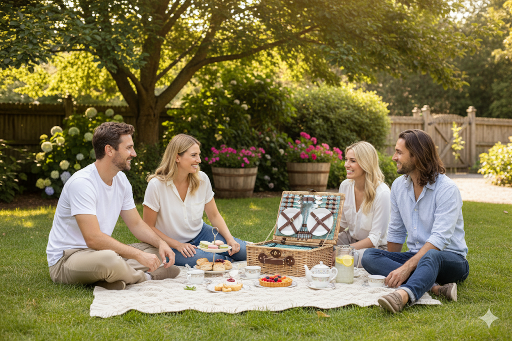 Wicker Picnic Basket Set for Four with Gingham Liner