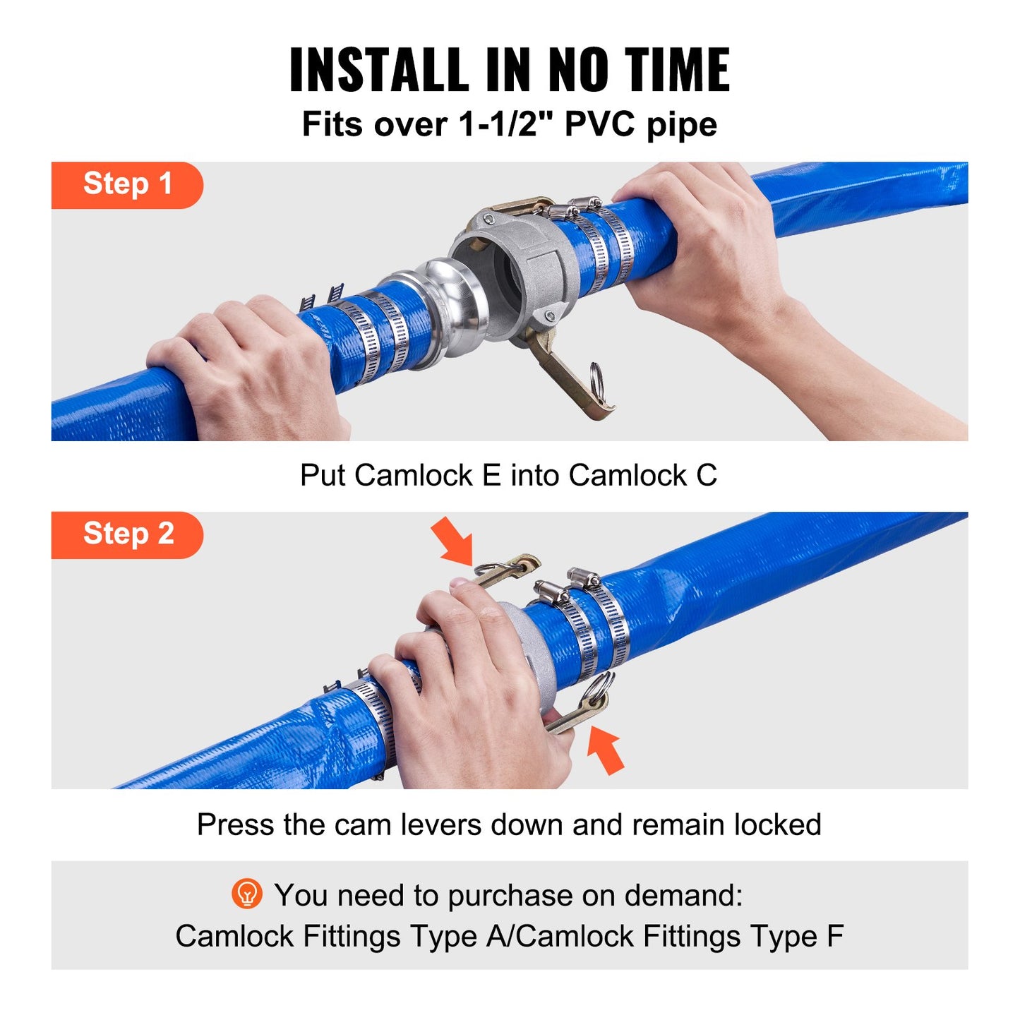 Heavy-Duty 50Ft Pool Backwash Hose with Aluminum Camlock Fittings - Blue