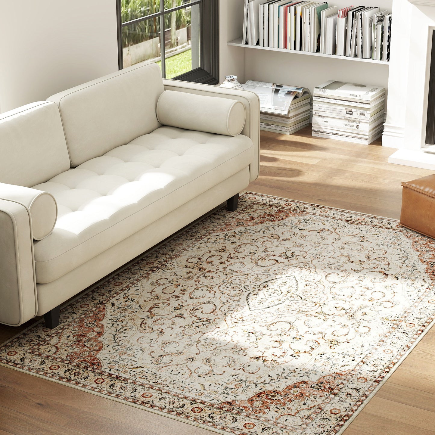 4x6 Non-Slip Machine Washable Area Rug - Floral Print, Mixed Brown