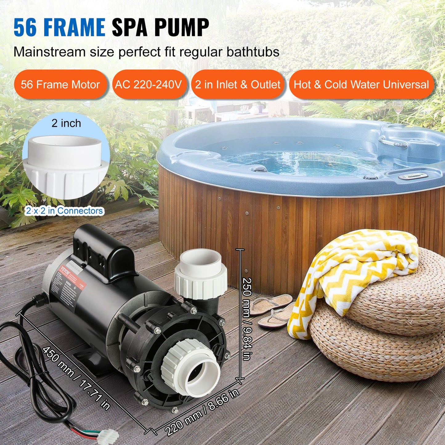 High-Speed SPA Pump 3HP 200 GPM Hot Tub Pump 56-Frame AC220-240V Black