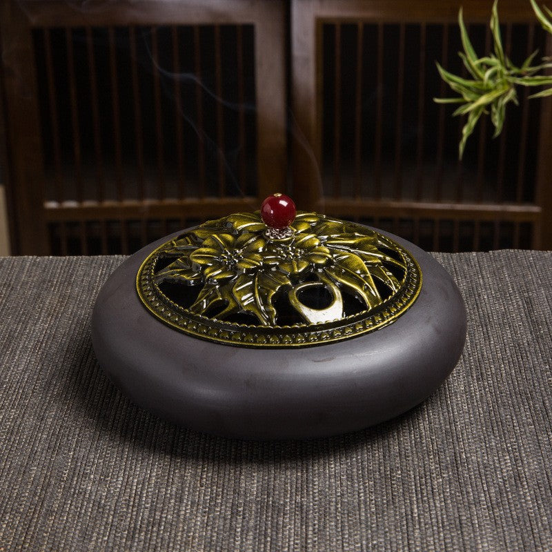 Ceramic Lotus Incense Burner with Iron Cover - Traditional Chinese Style Home Fragrance