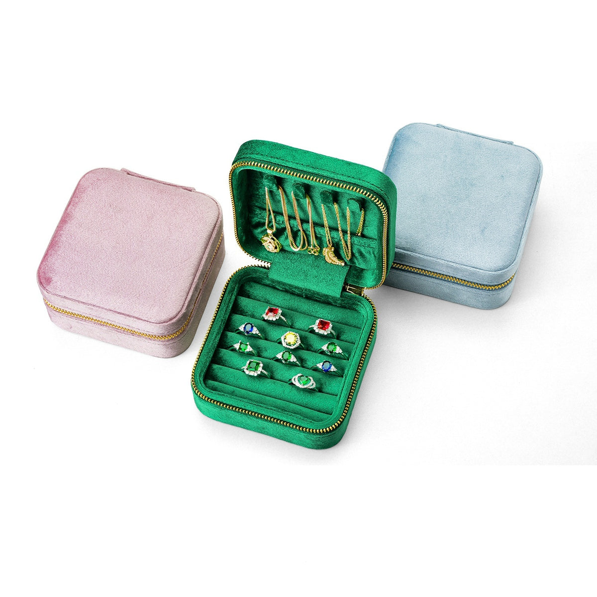 Portable Velvet Jewelry Storage Box for Rings and Necklaces - Multi-Compartment Gift Organizer