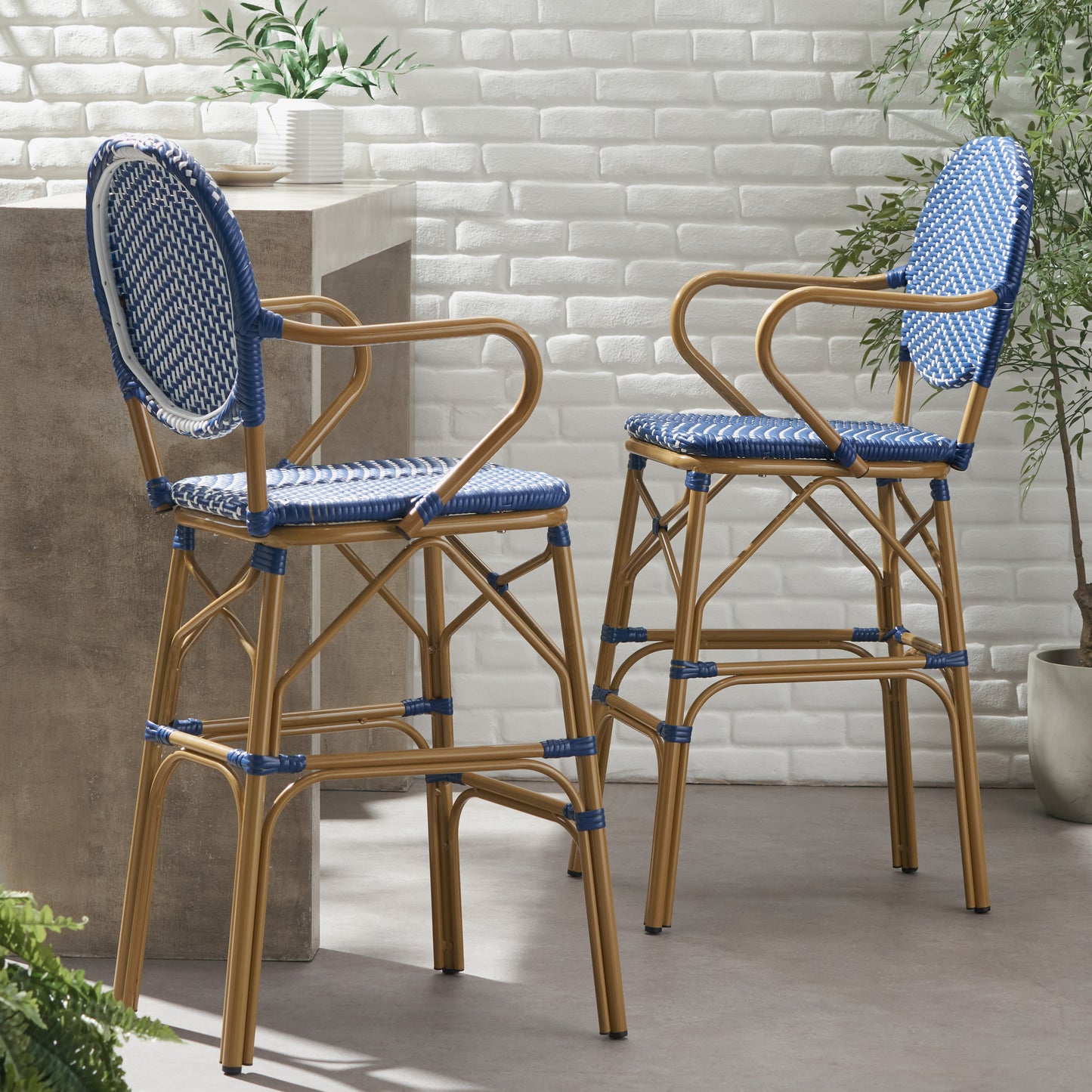 Outdoor Wicker And Aluminum 29.5 French Barstools, Set Of 2, Navy
