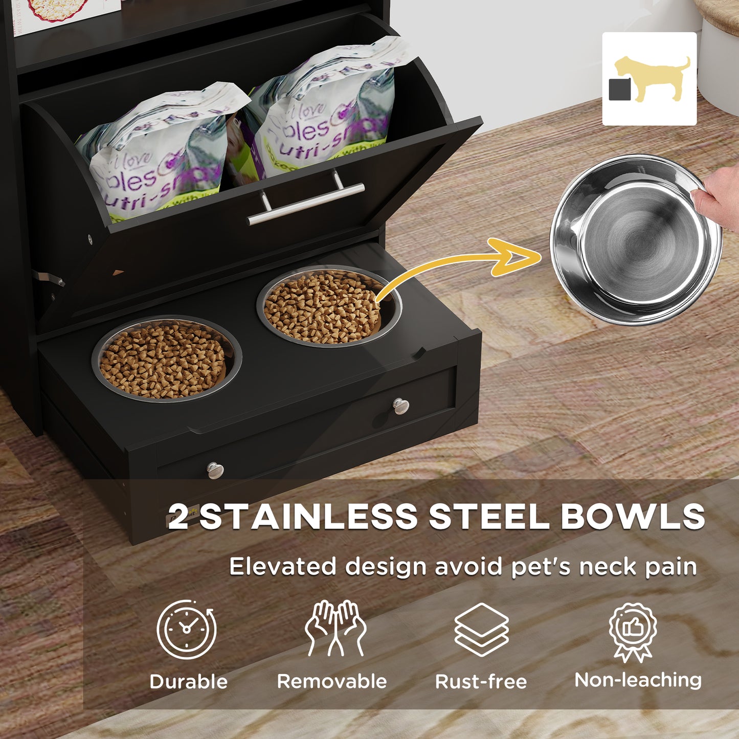 Pet Feeder Station with Storage Cabinet and Raised Bowls - Black