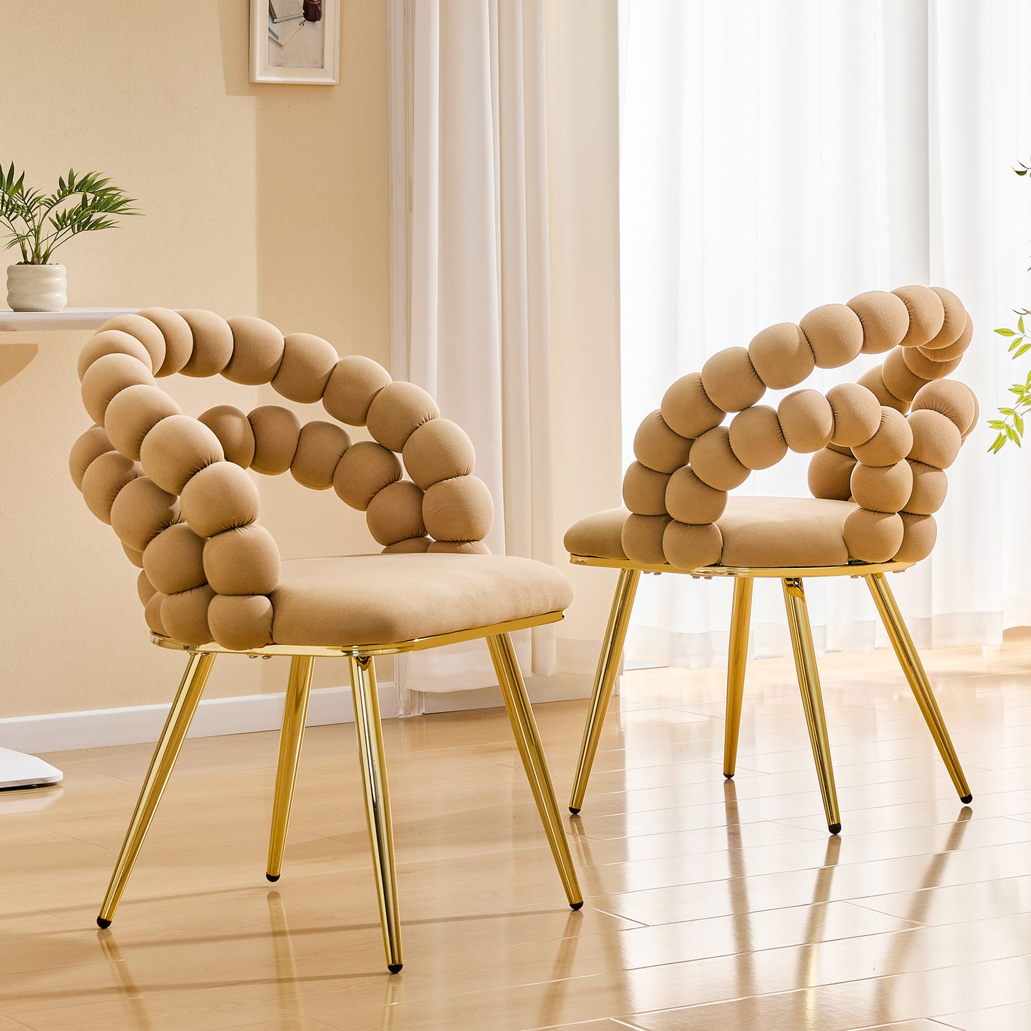 Set of 2 Modern Velvet Dining Chairs with Bubble Back - Brown & Gold