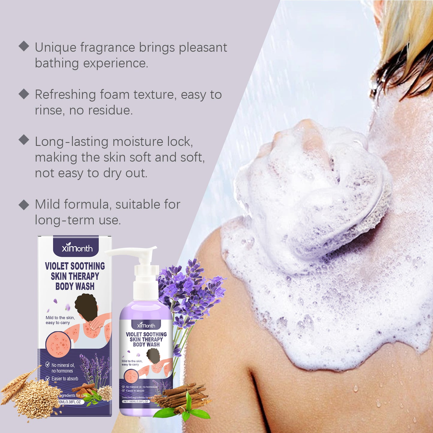 Violet Moisturizing Body Wash - Gentle Skin Cleansing Gel with Tea Tree Oil