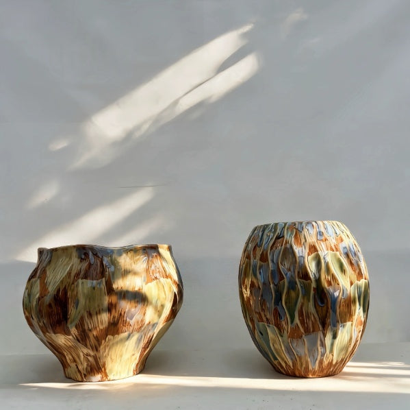 Ceramic Flower Pot with Wavy Rim or Dinosaur Egg Surface - Handmade Home Garden Decor