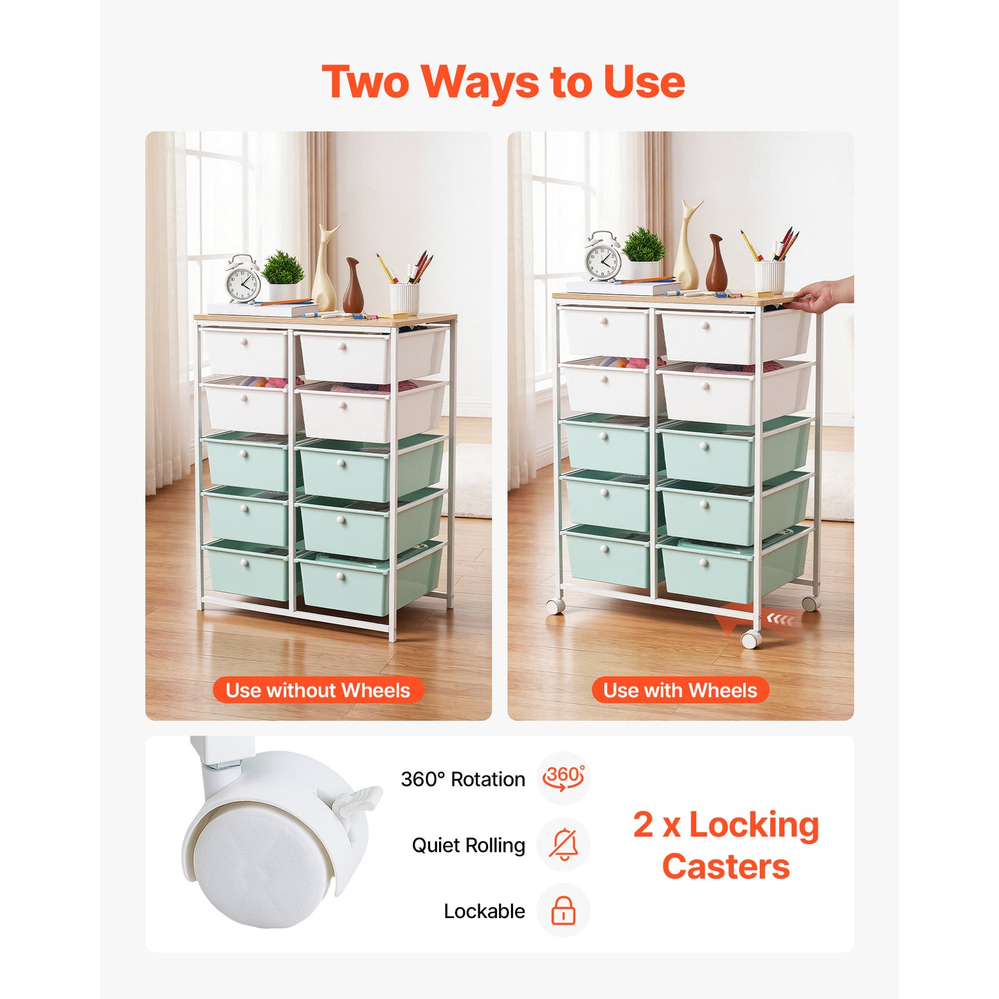 Mobile Utility Cart with Drawers, Steel Frame and Wooden Top, Blue & White
