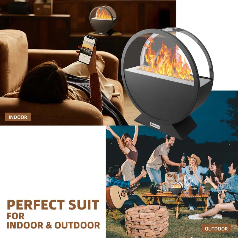 Black Round Bioethanol Fireplace - 13.7 x 15.7 Inch, Smokeless